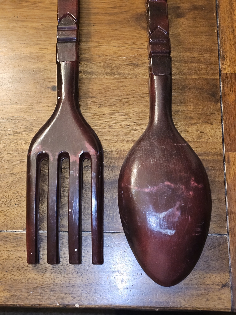 Carved Tiki Vintage Design Wooden Spoon & Fork Utensil Wall Sculptures Brown - Picture 5 of 6